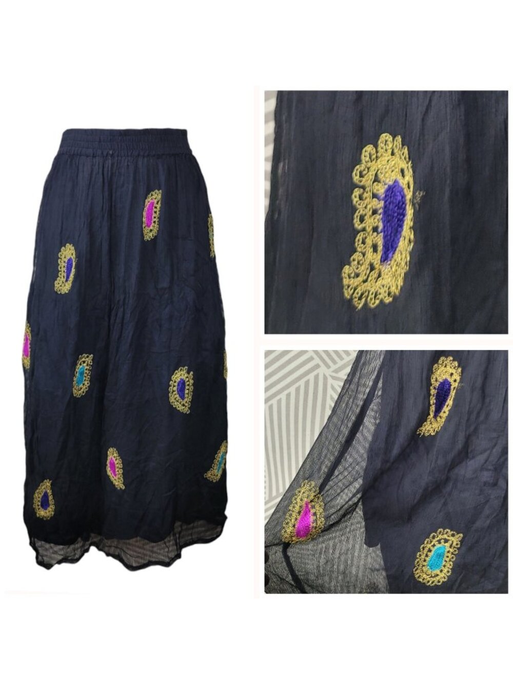 Vintage Skirt Size Large Alt Grunge Elastic Waist Midi Mesh Witch Embroidered
